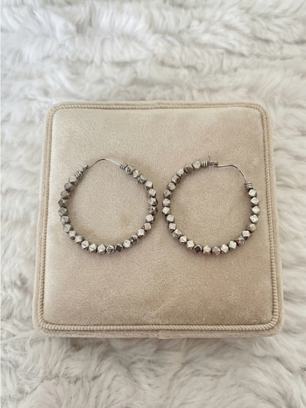 Silver-Tone Beaded Hoop Earrings – 1.5” Pierced